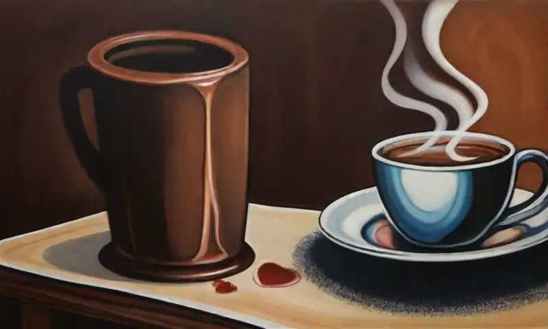 Una taza de café en una composición caótica evoca tensión y conflicto emocional
